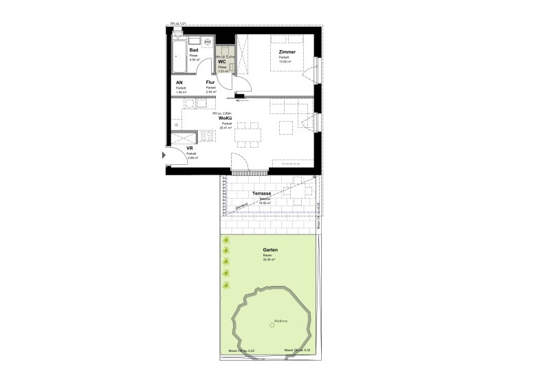 Wohnen im Wildgarten! Erstbezug! 2-Zimmer-Wohnung mit Garten zu vermieten!